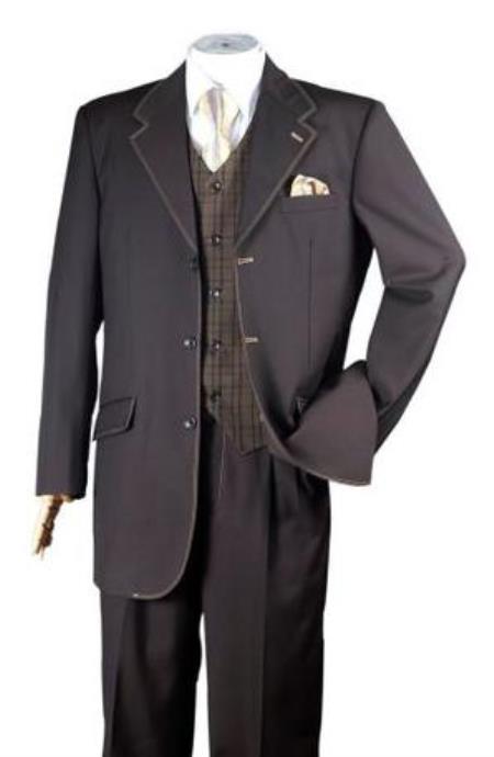 Mens Single Breasted Notch Lapel Brown Beige 1970s Style Fashion Suit