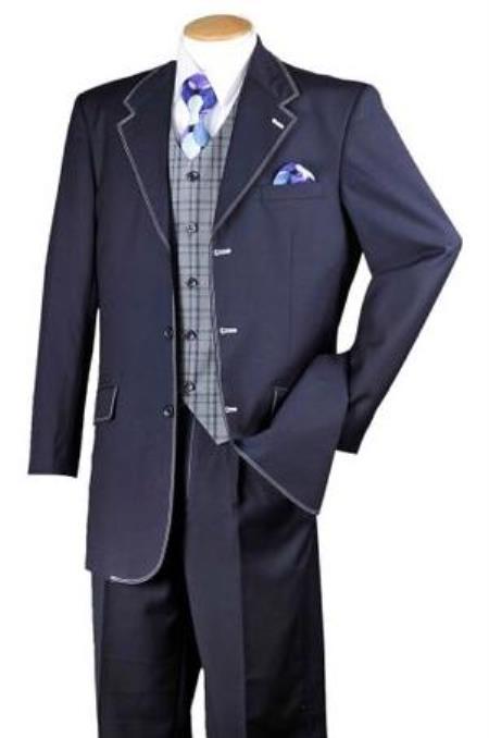 Mens Single Breasted Notch Lapel Navy White 1970s Style Fashion Suit