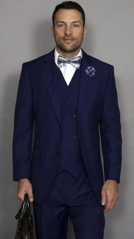 Classic Fit Suit Mens Suit Statement Brand Athletic Fit Classic Fit Pleated Pants 100% Super 150s' Wool + Double Breasted Vest Color Sapphire