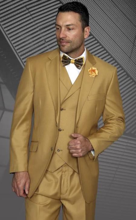 Classic Fit Suit Mens Suit Statement Brand Athletic Fit Classic Fit Pleated Pants 100% Super 150s' Wool + Double Breasted Vest Color Camel