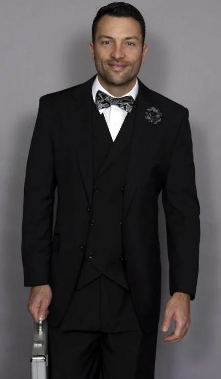 Classic Fit Suit Mens Suit Statement Brand Athletic Fit Classic Fit Pleated Pants 100% Super 150s' Wool + Double Breasted Vest Color Black
