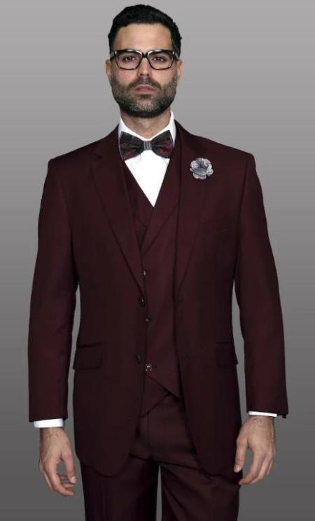 Mens Suit Statement Brand Athletic Fit Classic Fit Pleated Pants 100% Super 150s' Wool + Double Breasted Vest Color Burgundy