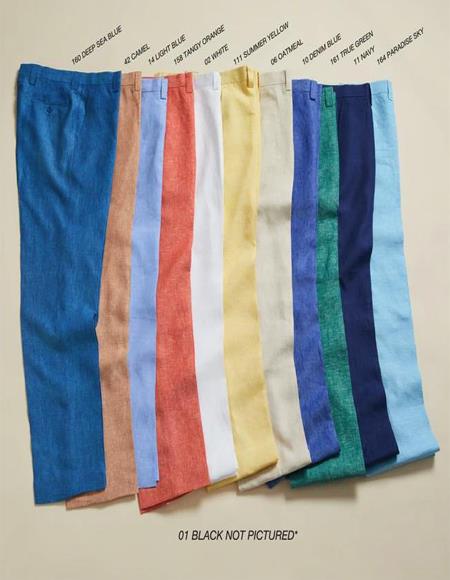 Linen Fabric Flat Front Pants Pastel Colorful Colors Denim Blue
