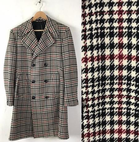 Mens Houndstooth Six Button Front Double Breasted Wool Overcoat