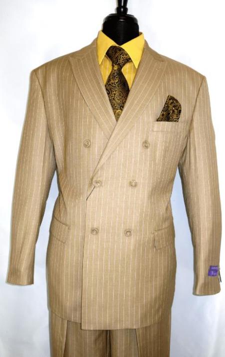 Mens Double Breasted Suit Peak Lapel 2 Button Suit Camel Pin Stripe