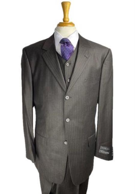 Three Buttons Brown Pinstripe - Charcoal Pinstripe Suit With Vest Three Pieces Super 150's Wool Suit Pleated Pants