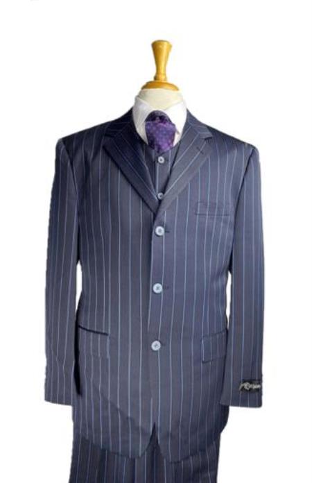 Three Buttons Bold Chalk Pinstripe Navy Blue Pinstripe Suit With Vest Three Pieces