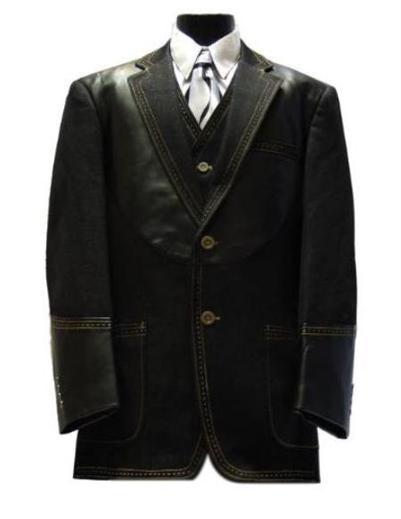 Men's Leather Contrast Stitch Trims Denim blazer