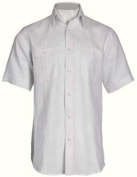 Mens White Linen Short Sleeve Dress Shirt