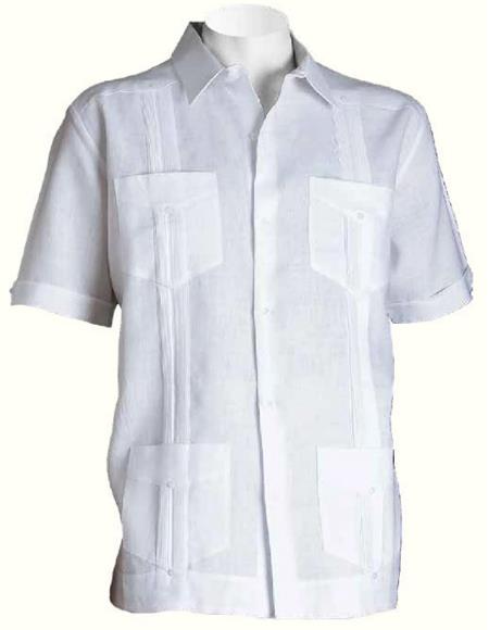Mens White Linen Short Sleeve Dress Shirt