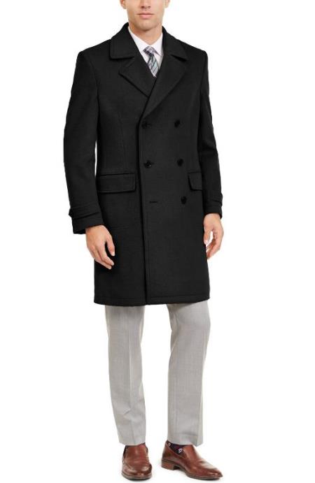 Mens Double Breasted Notch Lapel Peacoat Black - Wool