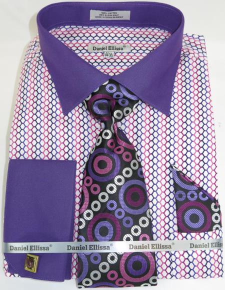 Mens Fashion Dress Shirts and Ties Purple Multi Colorful Mens Dress Shirt