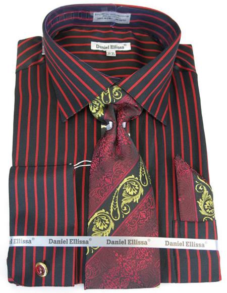 Mens Fashion Dress Shirts and Ties Black-Red Pinstripe Color