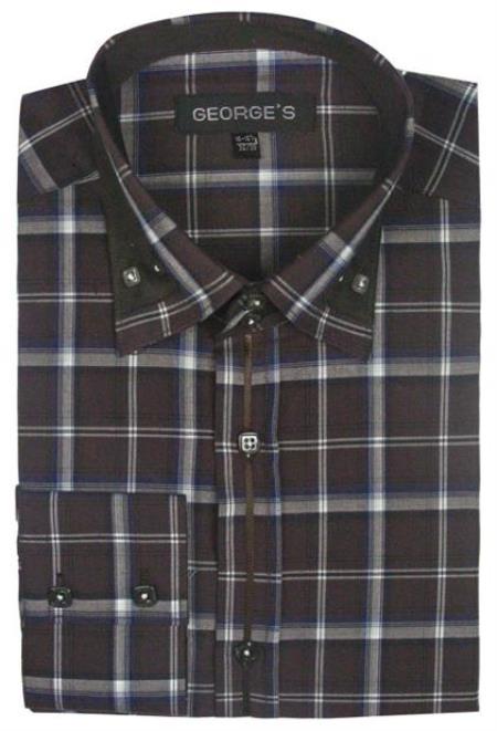 Patterned Dress Shirt - Mens Brown Fashion Plaid High Collar Shirt With Solid Trim