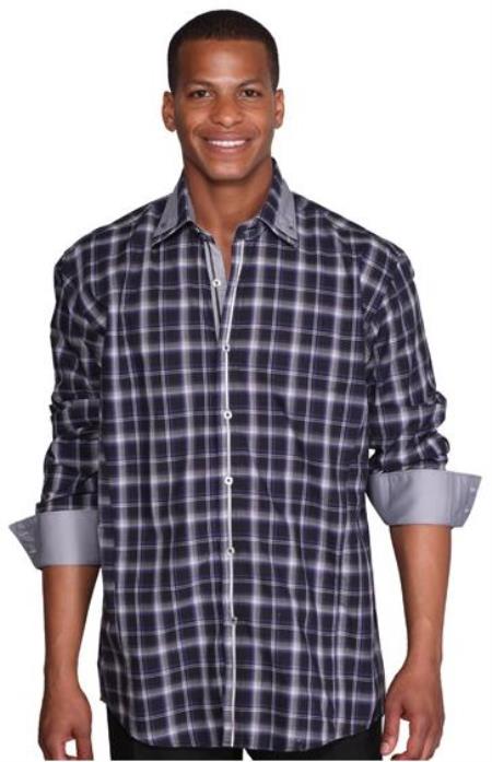 Patterned Dress Shirt - Mens Navy Blue Fashion Plaid High Collar Shirt With Solid Trim