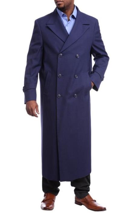 Mens Black Diamond Navy Blue Wool Double Breasted Trench Coat