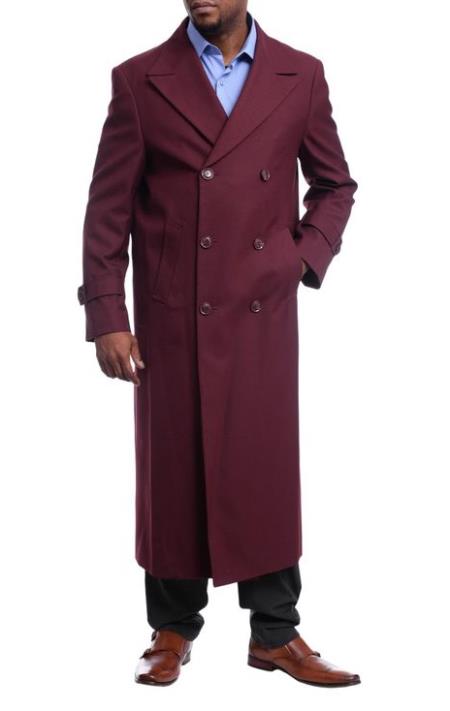Mens Black Diamond Burgundy Wool Double Breasted Trench Coat