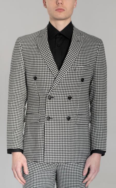 Mens Black and White Large Houndstooth Double Breasted Suit - Wool