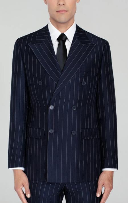 Mens Navy Blue Wide Pinstripe Double Breasted Suit - Wool