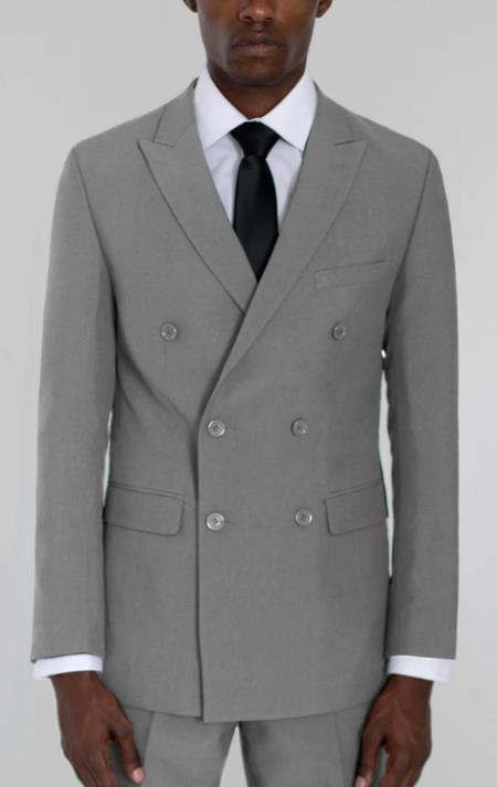 Mens Light Grey Double Breasted Suit - Wool