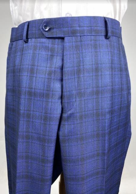 Plaid Flat Front Pants - Windowpane Dress Pants - Blue Color