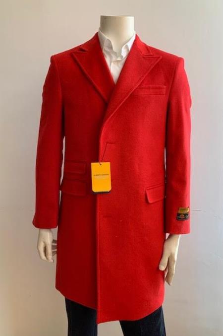 Mens Overcoat - Peak Lapel 1920s Style - Wool Car Coat Three Quarter By Albereto Nardon + Red