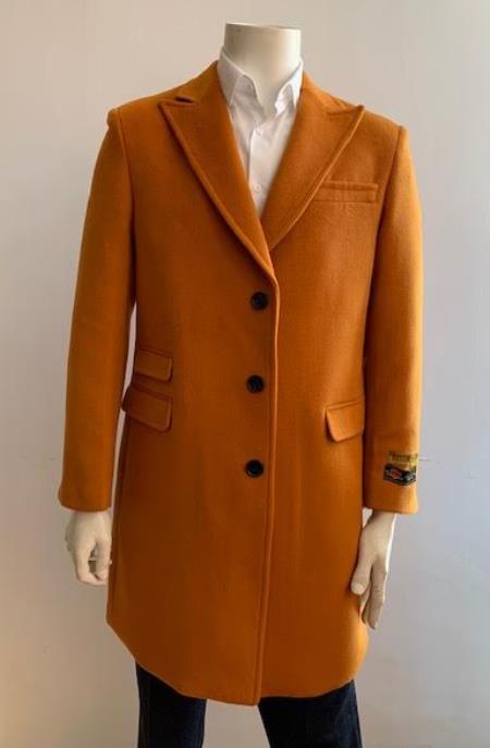 Mens Overcoat - Peak Lapel 1920s Style - Wool Car Coat Three Quarter By Albereto Nardon + Orange