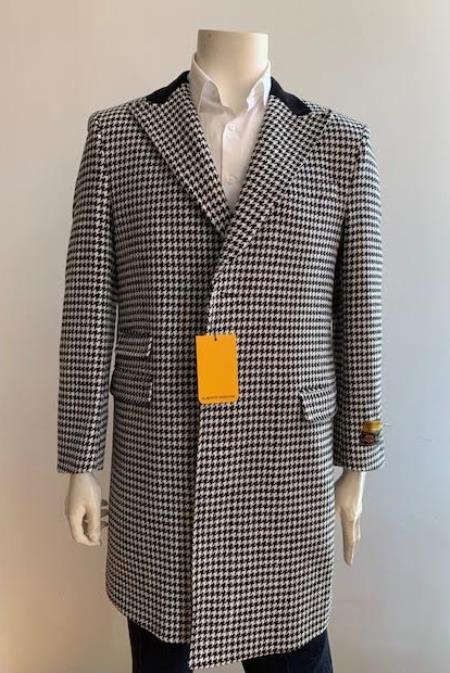 Mens Overcoat - Peak Lapel 1920s Style - Wool Car Coat Three Quarter By Albereto Nardon + White and Black
