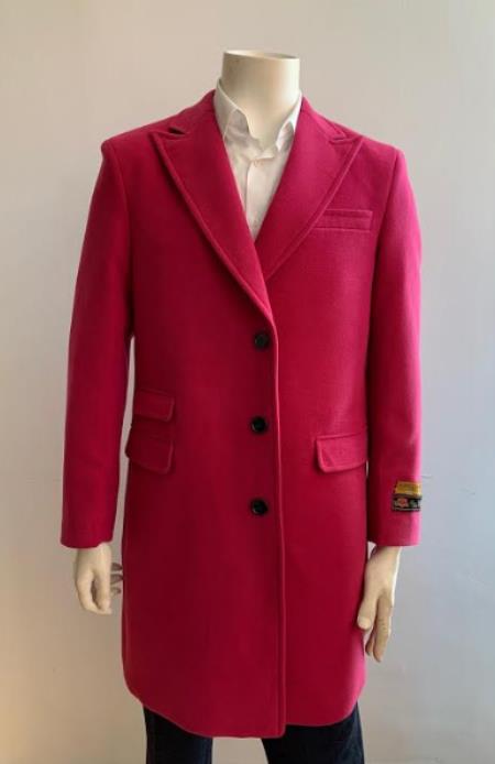 Mens Pink Overcoat - Megento Color Wool Topcoat - Ticket Pocket Peak Collar