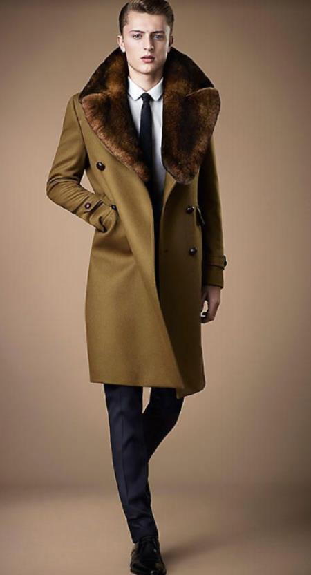 Fur Collars Mens Overcoat - Peacoat Wool and Cashmere Brown