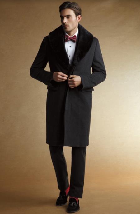 Fur Collars Mens Overcoat - Peacoat Wool Black