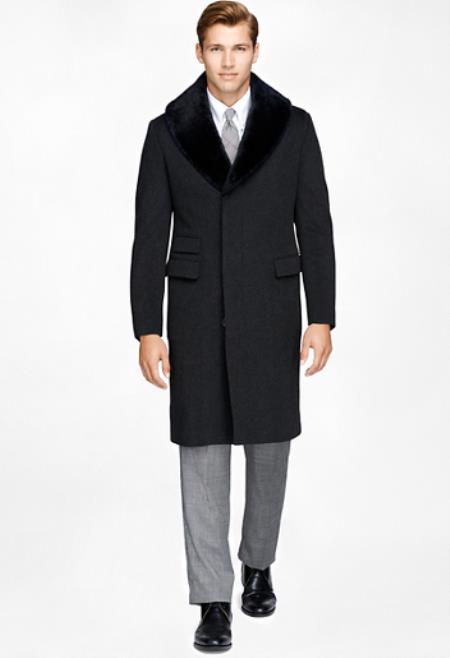 Fur Collars Mens Overcoat - Peacoat Wool Black
