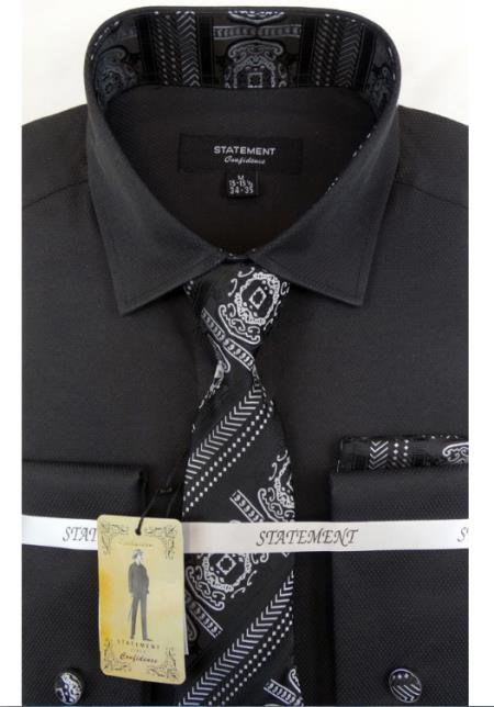Men's Black Dress Shirts with Tie and Cuff Link Set