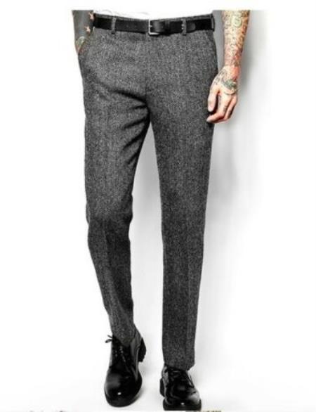 Men's Herringbone Wool Pants - Tweed Flat Pants
