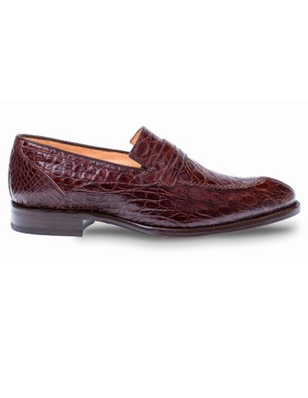 Men's Mezlan Genuine Crocodile Classic Full Exotic Penny Loafer Shoes Brown