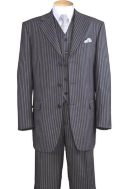 Three Button Suit - Vested Suit - Banker Pinstripe Suit