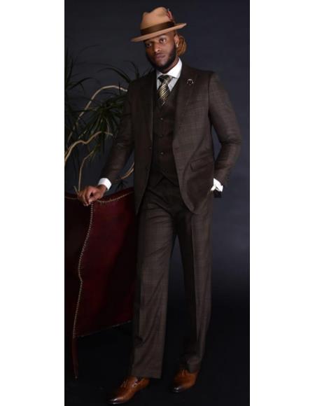 Brown Plaid Suit - Mens Suit (No Vest Included) Modern Fit Vented