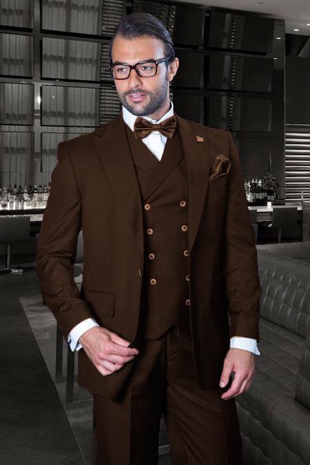 Classic Fit Suit - One Button with Double Breasted Vest Super 150s Wool Suit - Brown Color