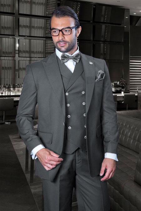 Classic Fit Suit - One Button with Double Breasted Vest Super 150s Wool Suit - Dark Grey