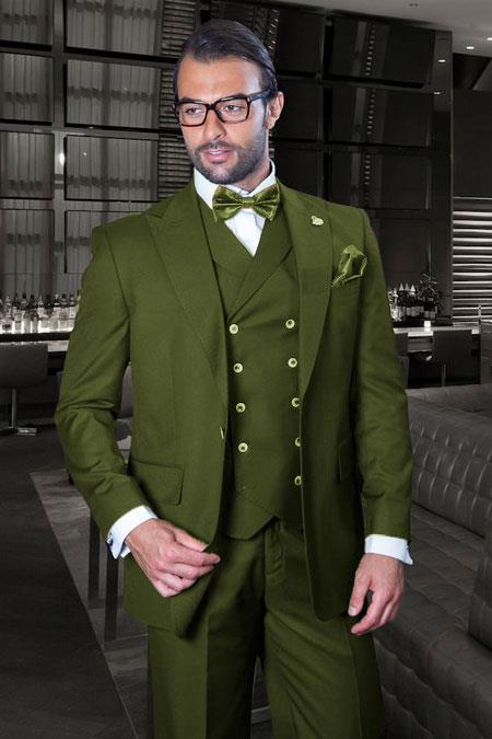 Classic Fit Suit - One Button with Double Breasted Vest Super 150s Wool Suit -Olive Green