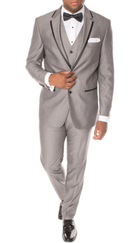 Grey and Black Trim Suit - Gray Slim Fit Suit (No Vest)