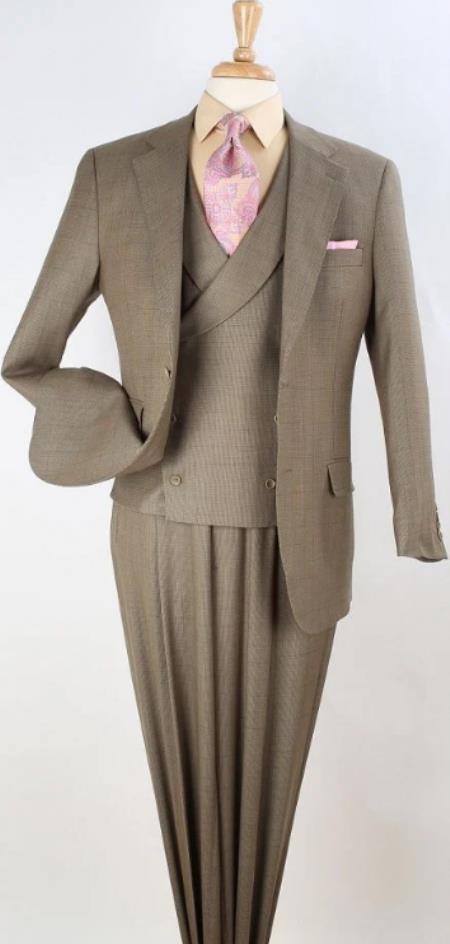 Mens Suit -  100% wool - Classic Fit Suit - Pleated Pants - Suit With Double Breasted Vest