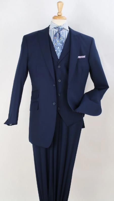 Mens Suit -  100% wool - Classic Fit Suit - Pleated Pants - Peak Lapel Vested 3 Piece Suit
