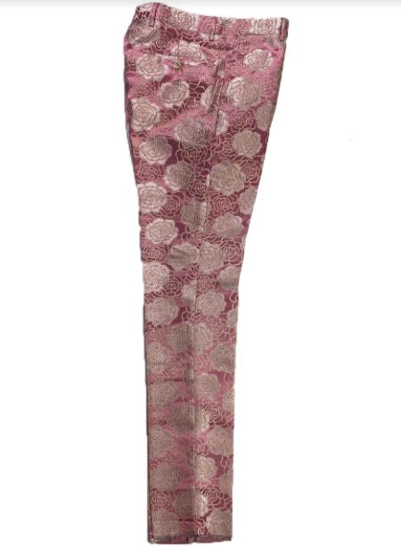 Mens Floral Dress Pants - Fashion Pants - Paisley Pants + Rose Gold - Pink