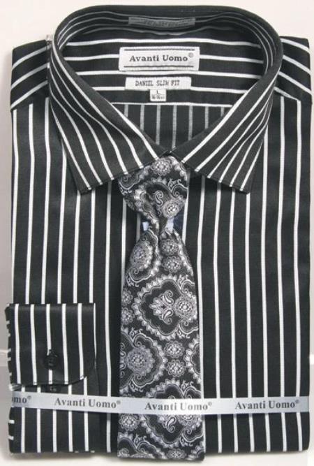 Mens Slim Fit Stripe Shirt with Tie and Handkerchief in Black ~ Silver - Striped Dress Shirt - Mens Pinstripe Dress Shirt