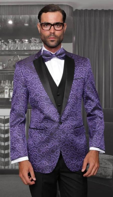 Mens One Button Notch Lapel Texture Pattern Purple Suit - Wool