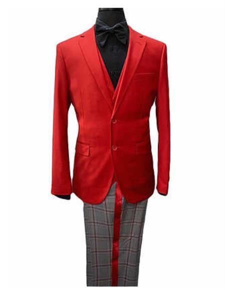 Mens Two Button Notch Lapel Three-Piece Red Suit