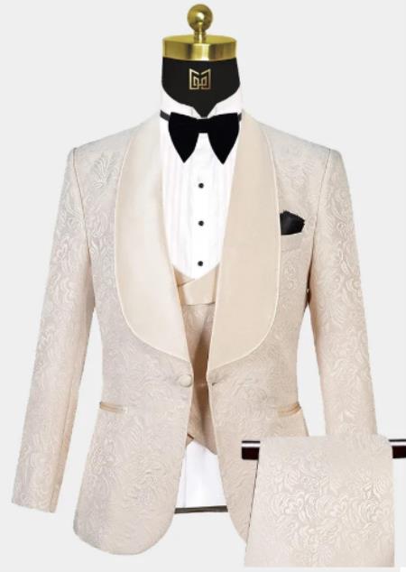 Men One Button Floral All Champagne Tuxedo – 3 Piece