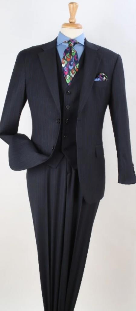 Navy Blue Tone on Tone Vested - Navy Stripe Vested 3 Piece Suit - Pleated Pants A