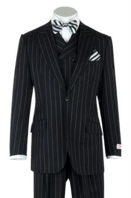 Mens Urban Black Stripe Suit - Double Breasted Vest Pleated Pants - Wool